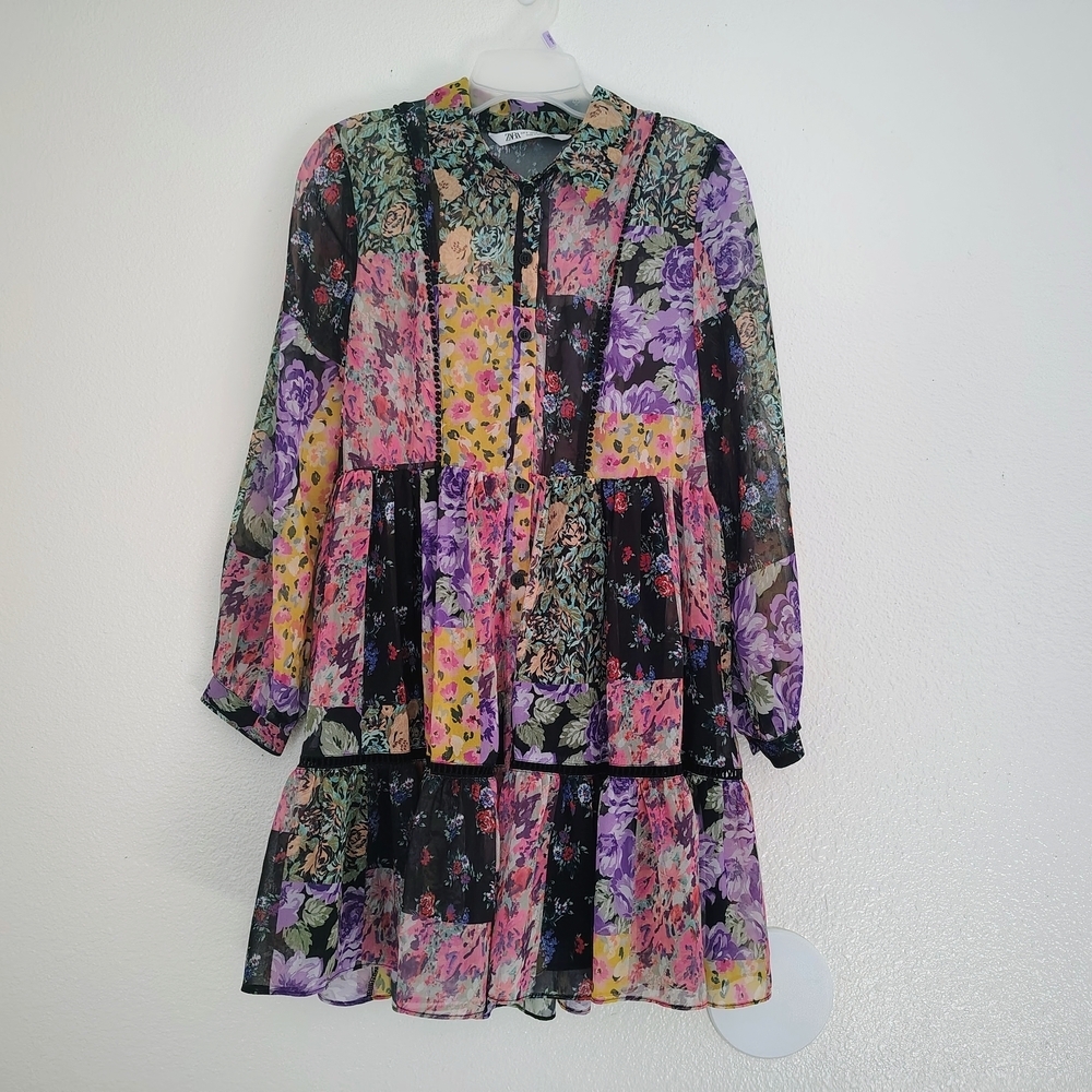 ZARA Floral Patchwork Dress Women’s Small Long Sleeve Button Front Tiered Midi